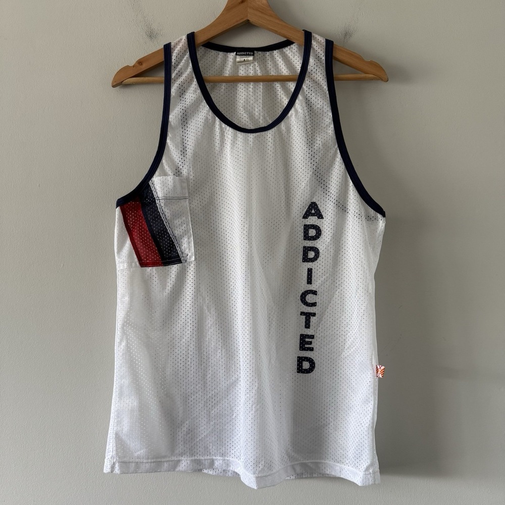 Addicted Mens Tank Top Size M White Mesh See Thru Muscle Clubwear Gay Interest